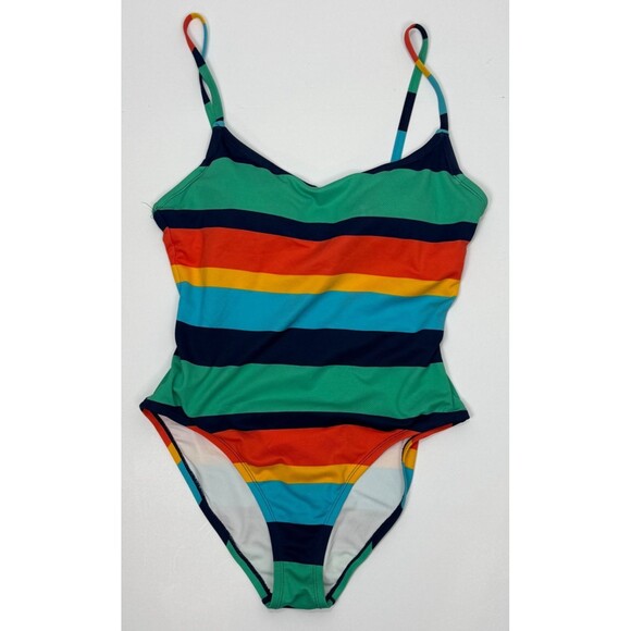 Sperry One Piece Swimsuit XL High Cut Rainbow Stripe Padded Bra Swimwear Preppy - Picture 1 of 8